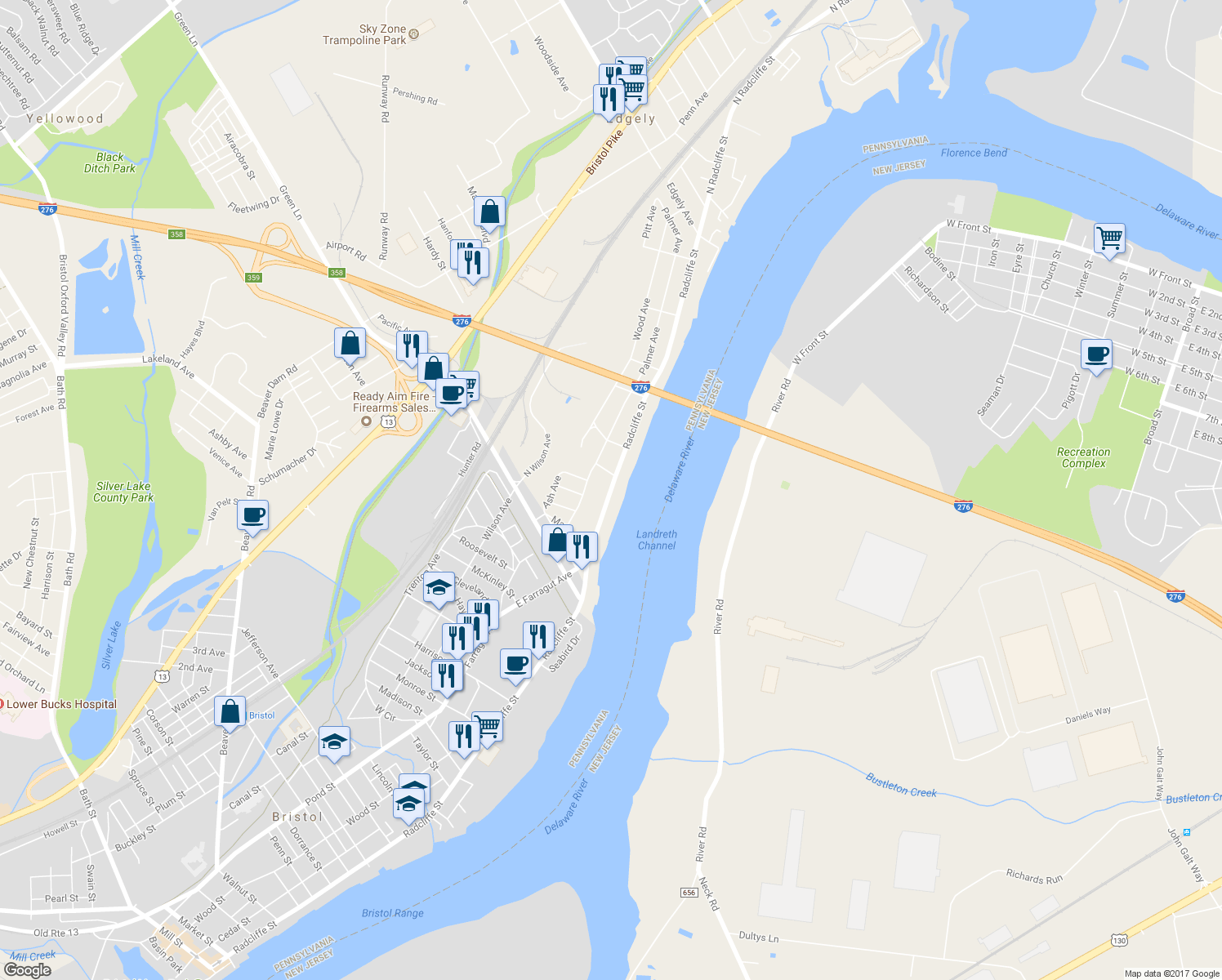 map of restaurants, bars, coffee shops, grocery stores, and more near 6415 Radcliffe Street in Bristol