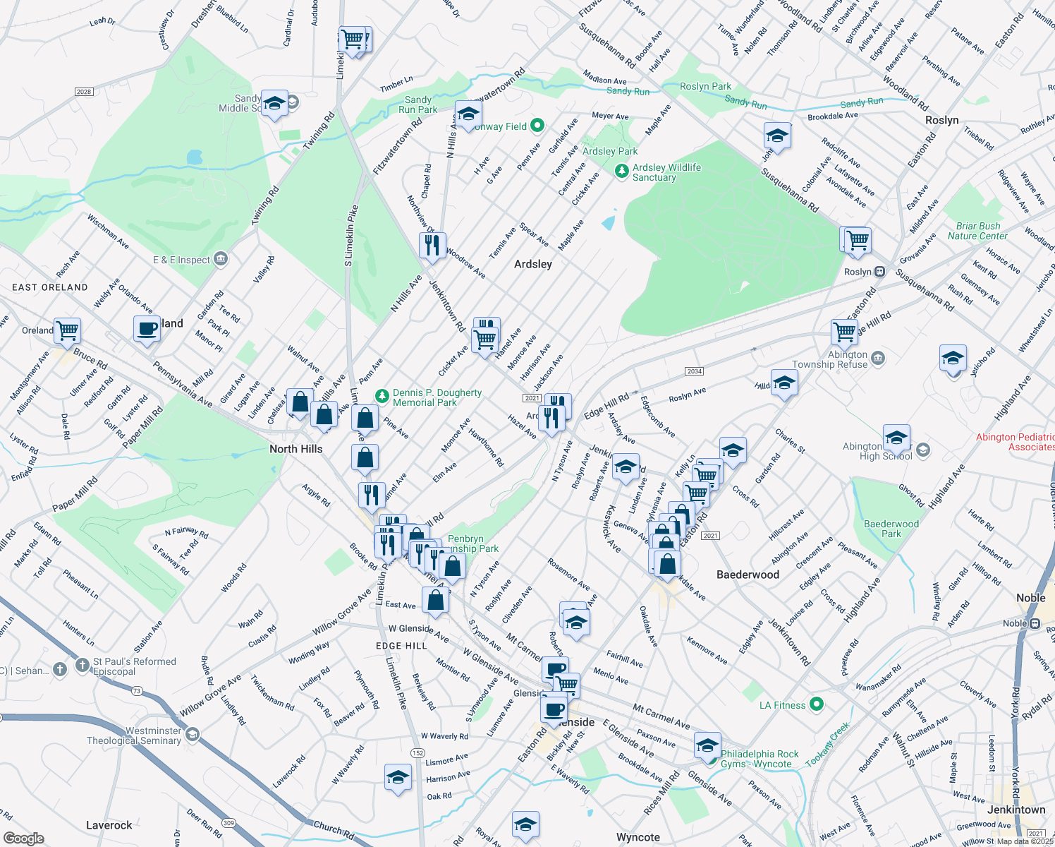 map of restaurants, bars, coffee shops, grocery stores, and more near 2647 Hazel Avenue in Glenside
