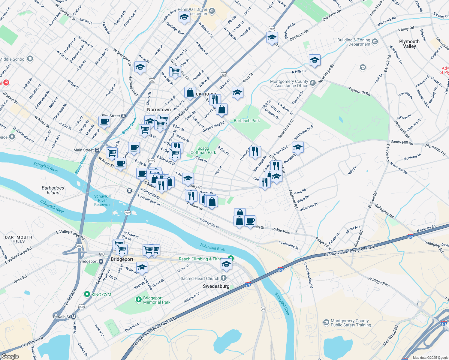 map of restaurants, bars, coffee shops, grocery stores, and more near 652 E Marshall St in Norristown