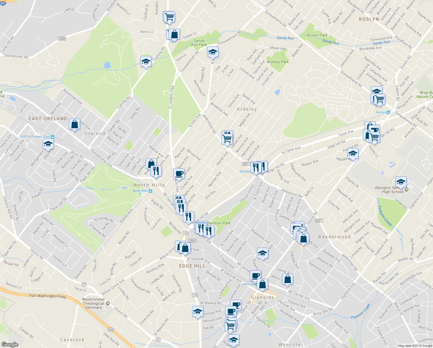 map of restaurants, bars, coffee shops, grocery stores, and more near 410 Monroe Avenue in Glenside