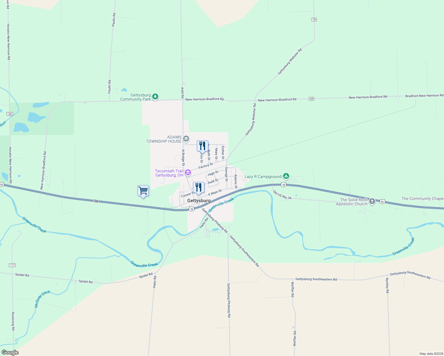 map of restaurants, bars, coffee shops, grocery stores, and more near Auld St in Gettysburg