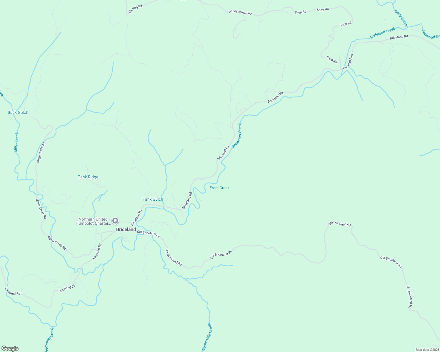 map of restaurants, bars, coffee shops, grocery stores, and more near 5342 Briceland Road in Redway