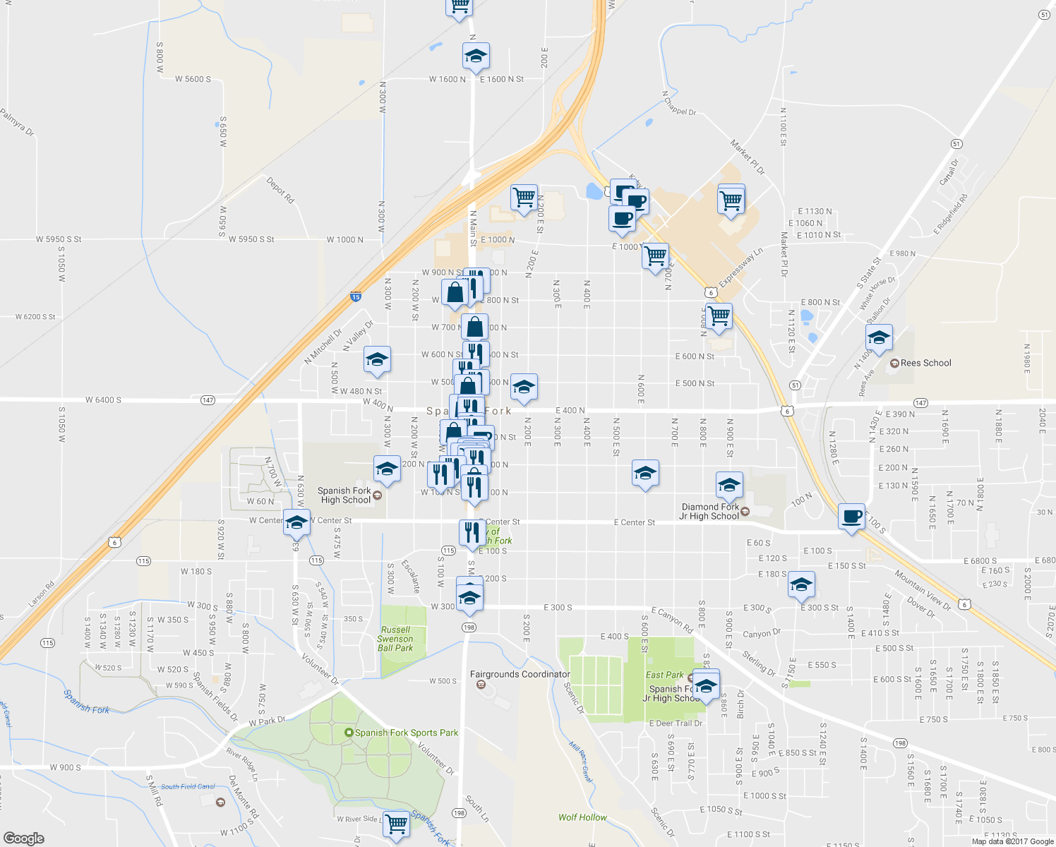 map of restaurants, bars, coffee shops, grocery stores, and more near 358 North 200 East in Spanish Fork