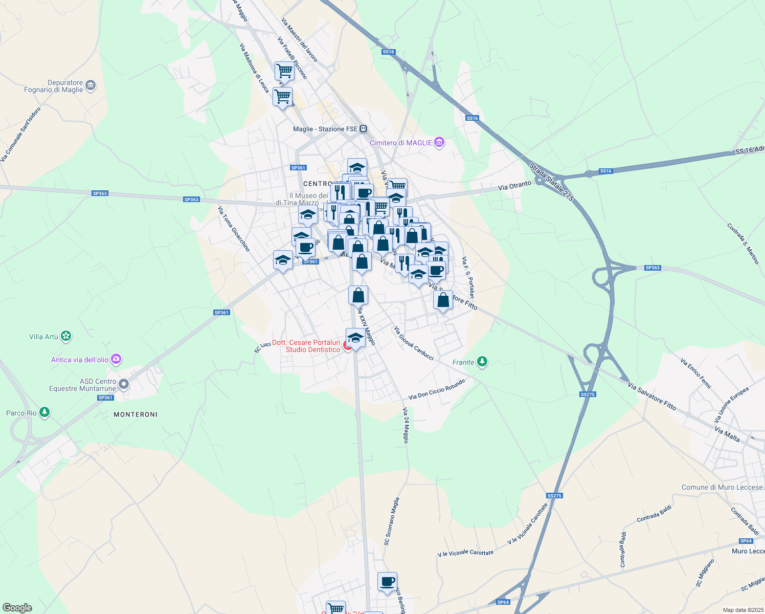map of restaurants, bars, coffee shops, grocery stores, and more near 9 Via Giosuè Carducci in Maglie