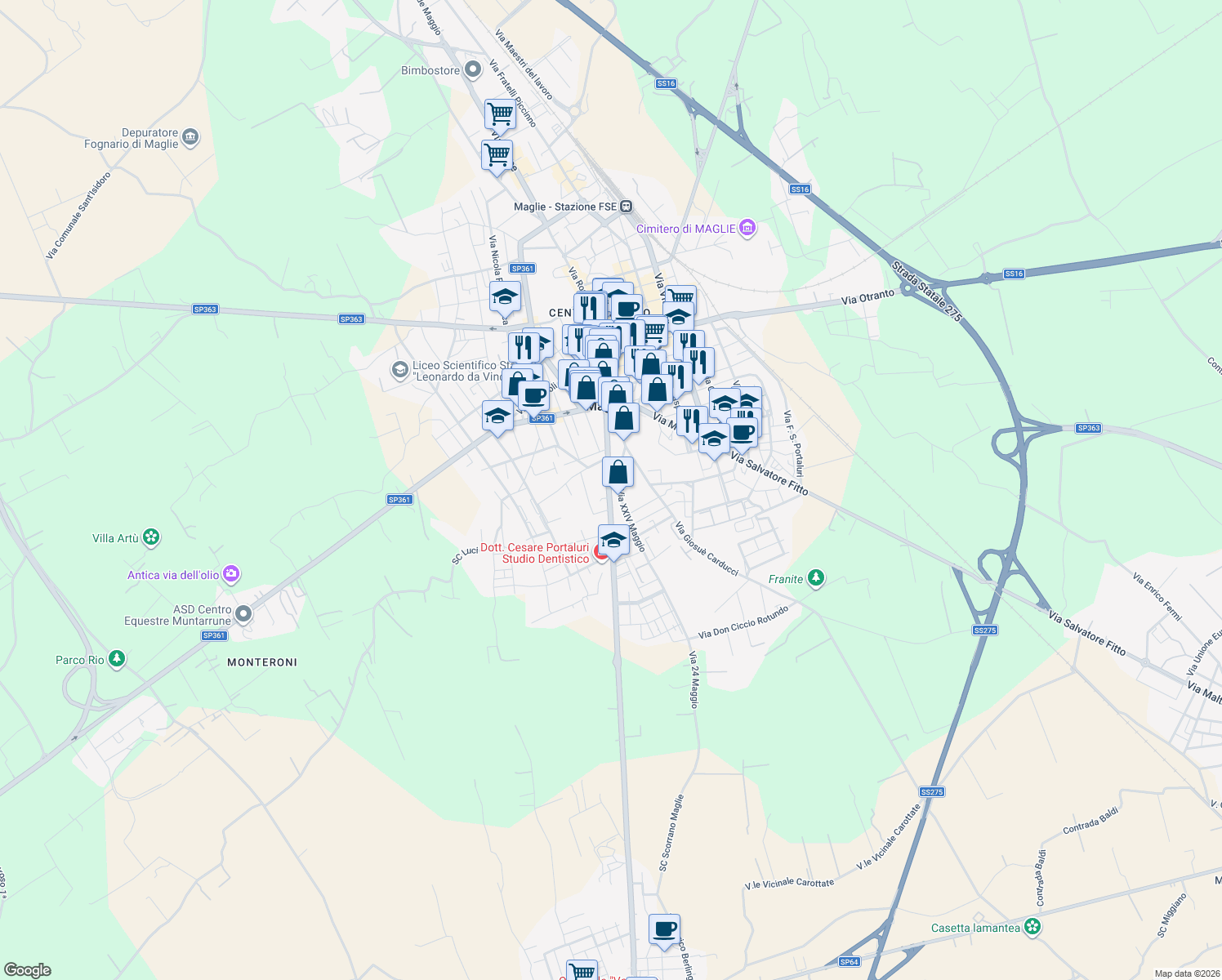 map of restaurants, bars, coffee shops, grocery stores, and more near 89 Via Scorrano in Maglie
