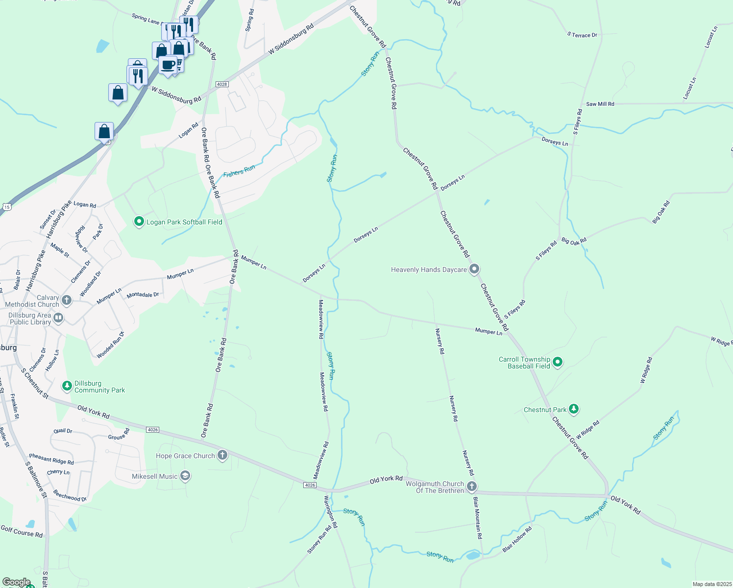map of restaurants, bars, coffee shops, grocery stores, and more near 625 Mumper Lane in Dillsburg
