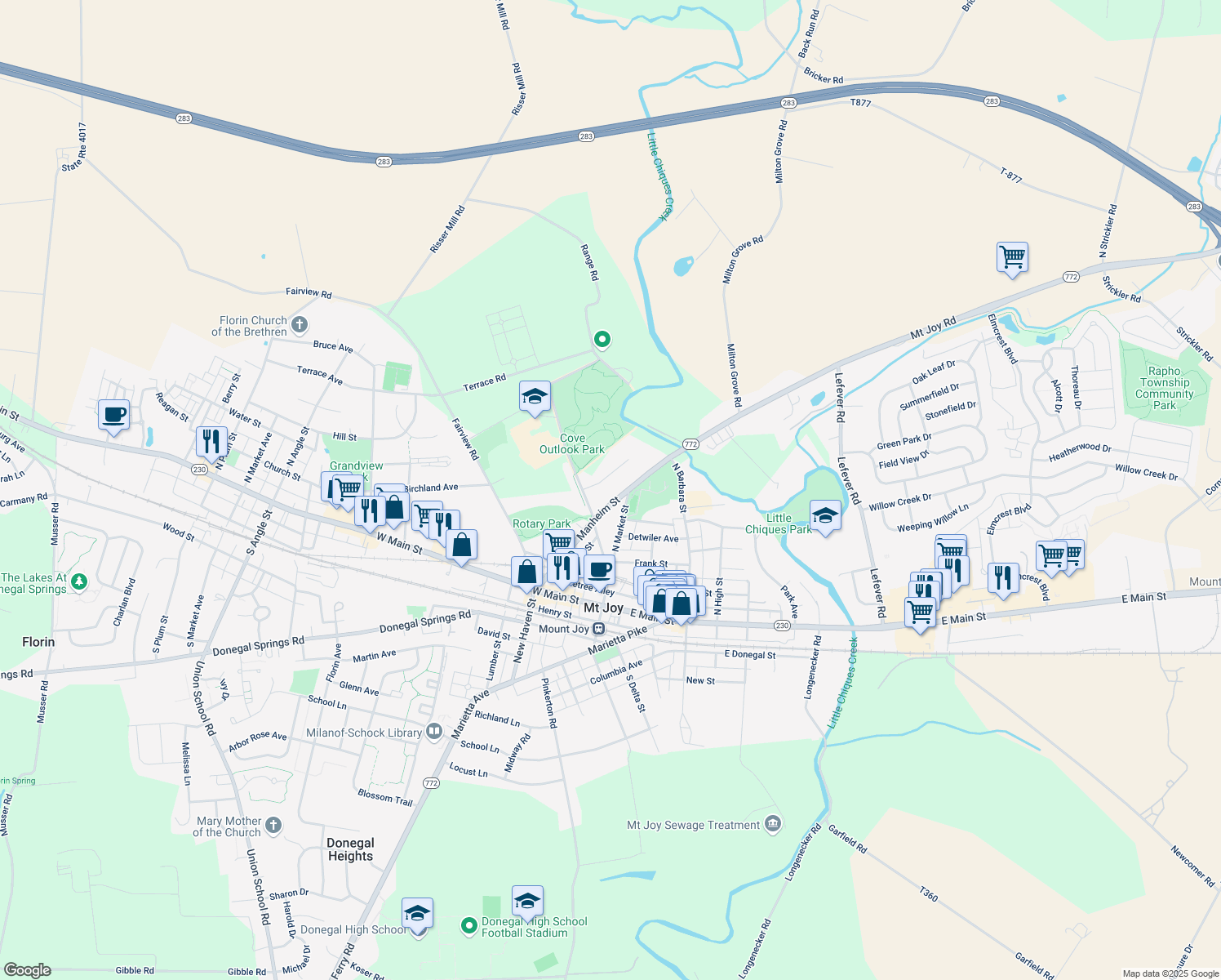 map of restaurants, bars, coffee shops, grocery stores, and more near 216 Midland Circle in Mount Joy