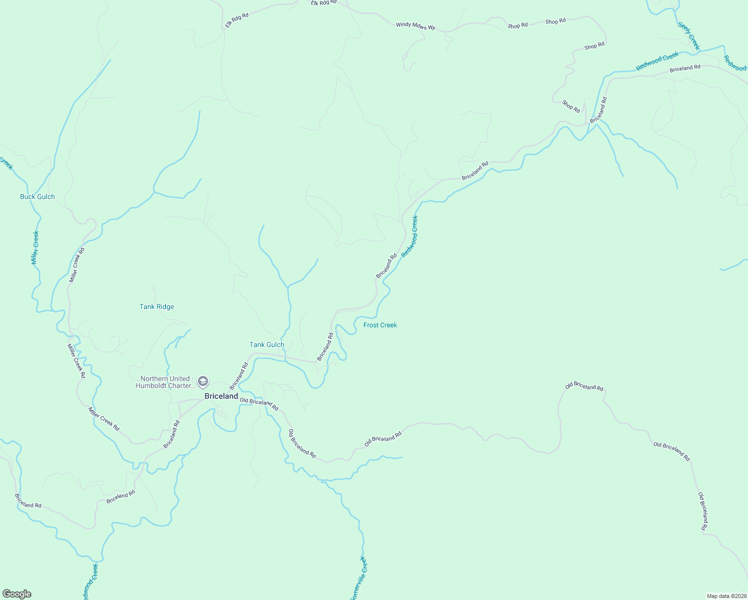 map of restaurants, bars, coffee shops, grocery stores, and more near 5342 Briceland Road in Redway