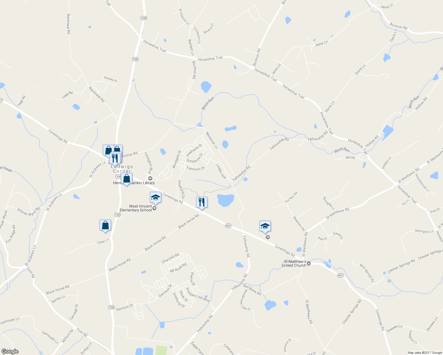 map of restaurants, bars, coffee shops, grocery stores, and more near 1024 Linden Avenue in Chester Springs