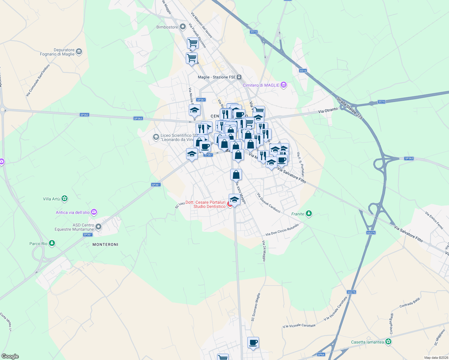 map of restaurants, bars, coffee shops, grocery stores, and more near 89 Via Scorrano in Maglie