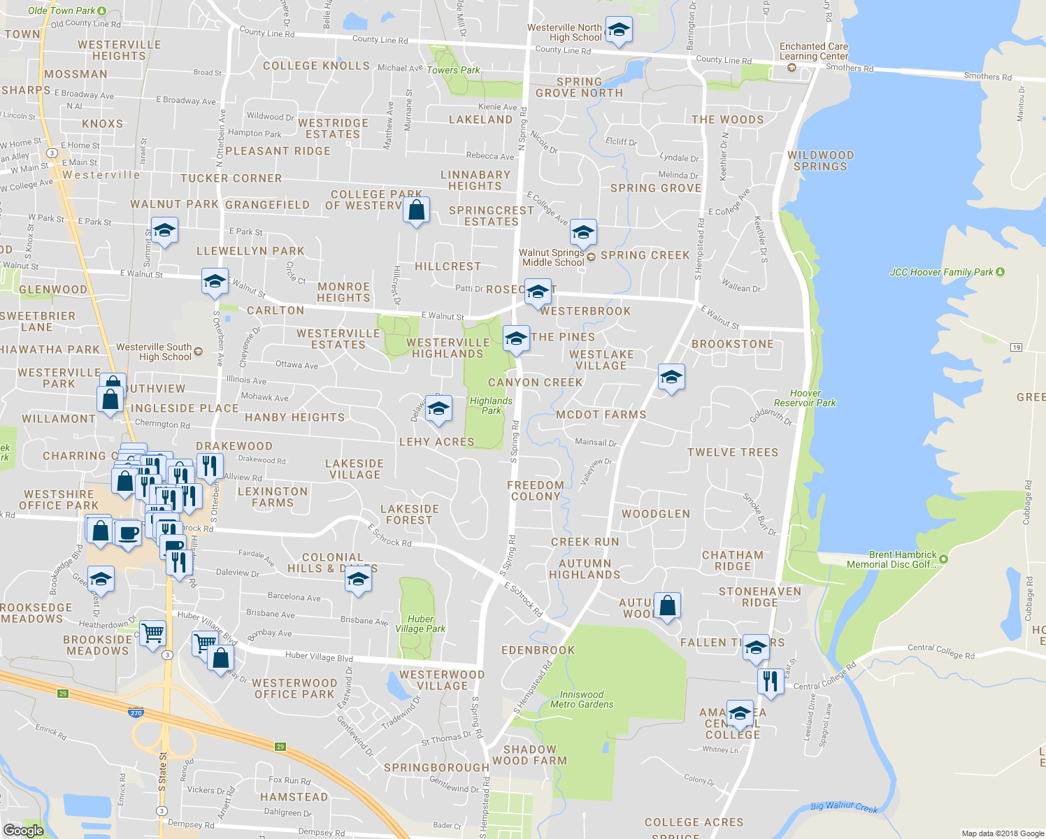 map of restaurants, bars, coffee shops, grocery stores, and more near 404 South Spring Road in Westerville
