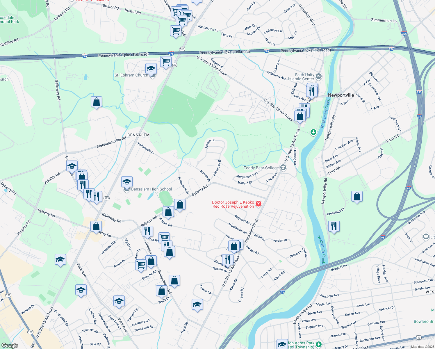 map of restaurants, bars, coffee shops, grocery stores, and more near 1393 Abbey Way in Bensalem