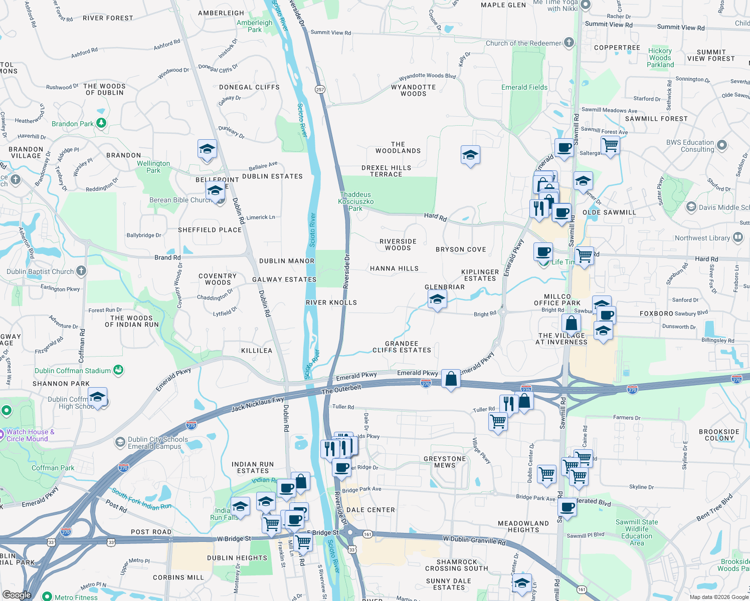 map of restaurants, bars, coffee shops, grocery stores, and more near 4700 Bright Rd in Dublin