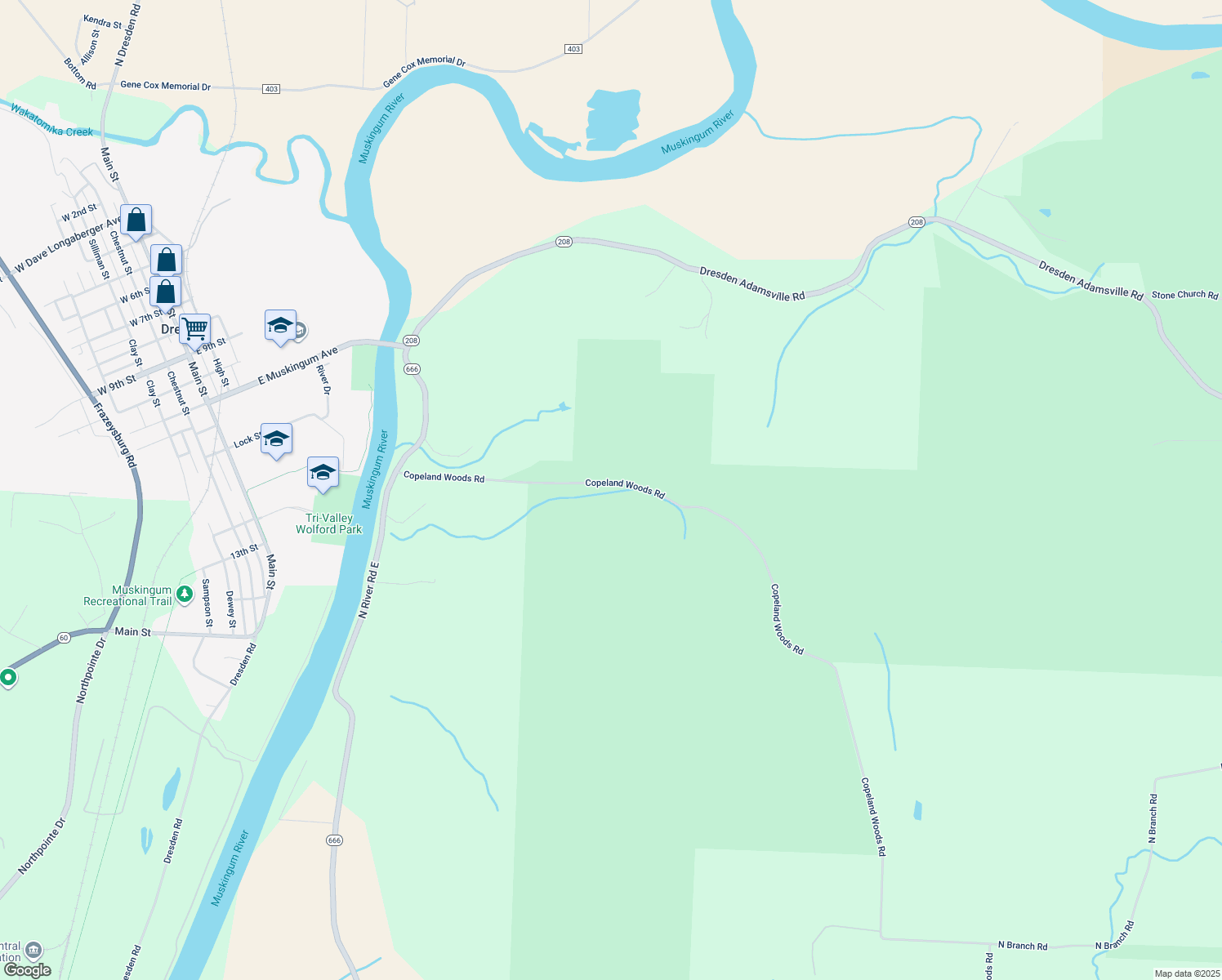 map of restaurants, bars, coffee shops, grocery stores, and more near Copeland Woods Road in Dresden