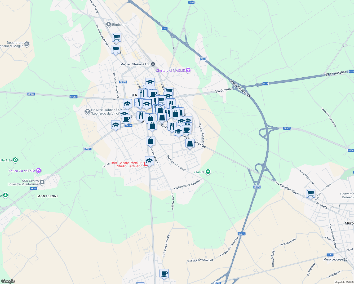 map of restaurants, bars, coffee shops, grocery stores, and more near 21 Via Guido Rossa in Maglie