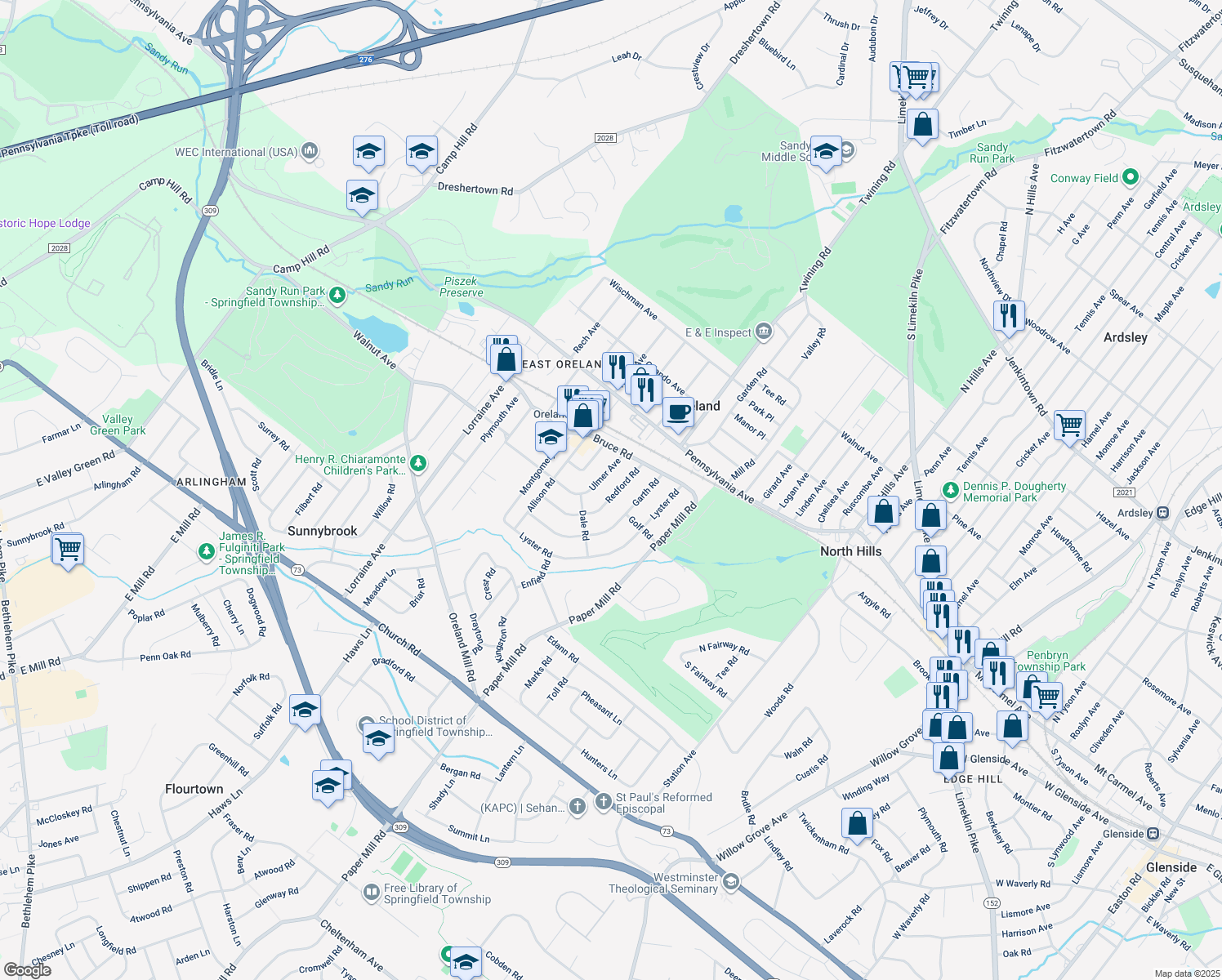 map of restaurants, bars, coffee shops, grocery stores, and more near 117 Redford Road in Oreland