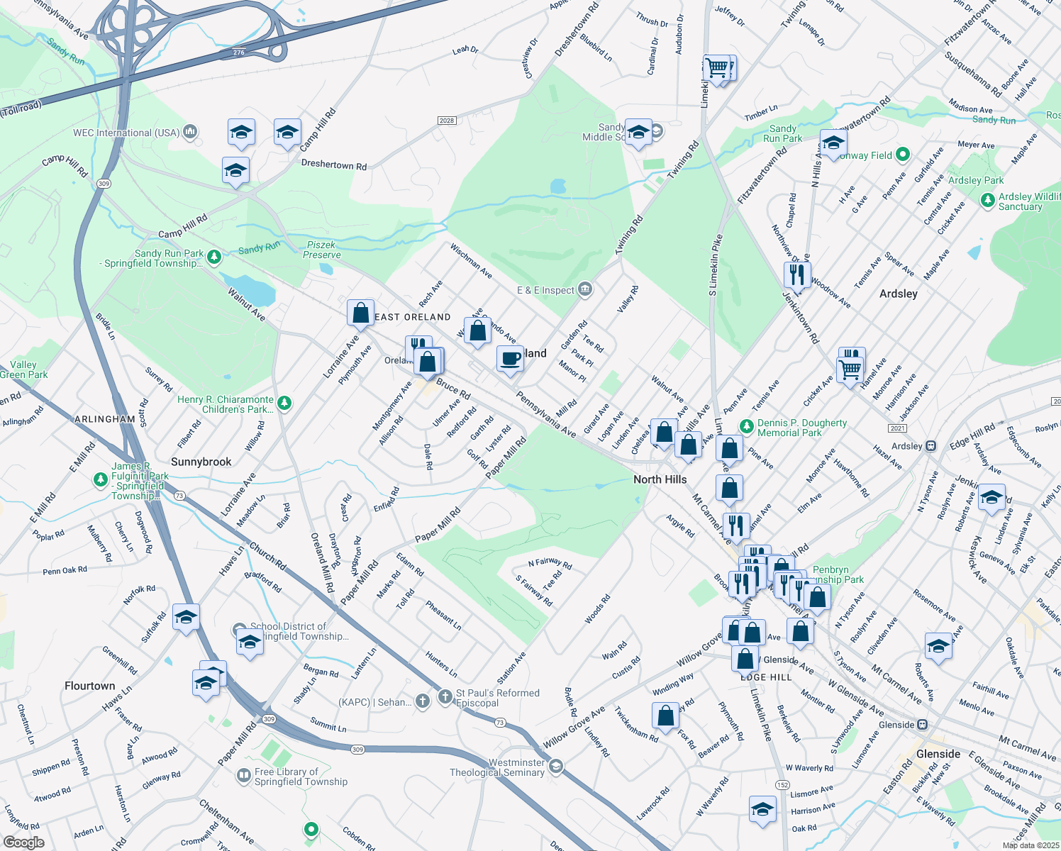 map of restaurants, bars, coffee shops, grocery stores, and more near 11 Paper Mill Road in Oreland