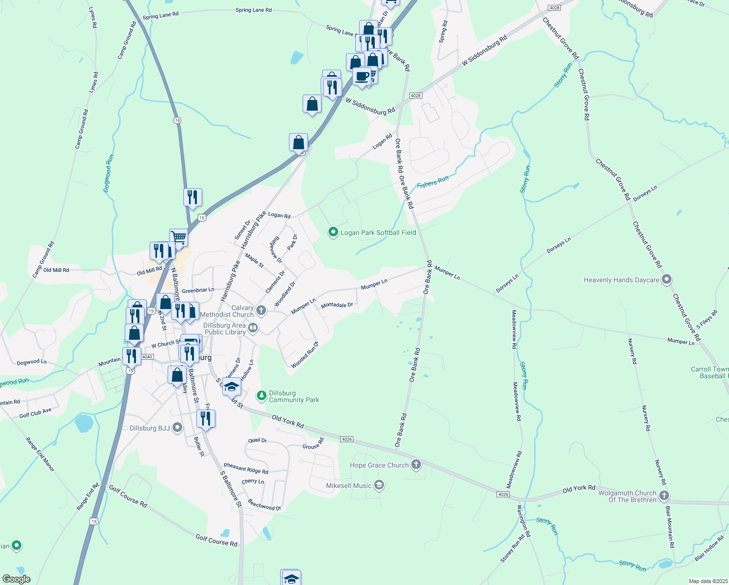 map of restaurants, bars, coffee shops, grocery stores, and more near 402 Mumper Lane in Dillsburg