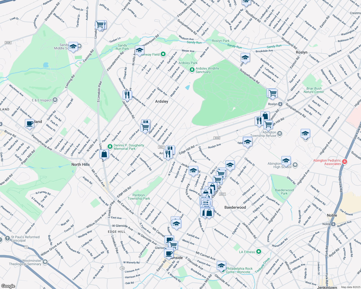 map of restaurants, bars, coffee shops, grocery stores, and more near 592 North Tyson Avenue in Glenside