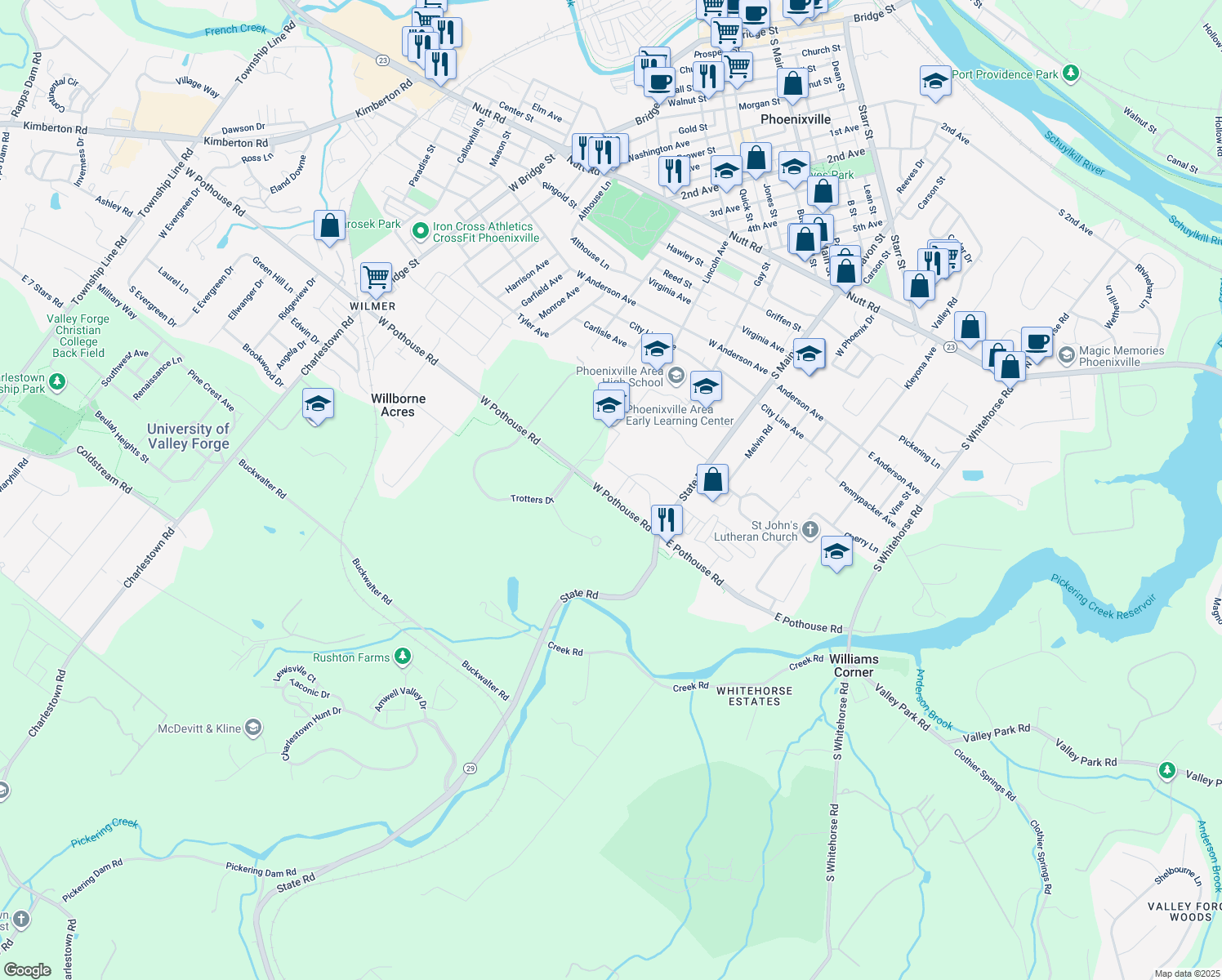 map of restaurants, bars, coffee shops, grocery stores, and more near 27 W Pothouse Rd in Phoenixville