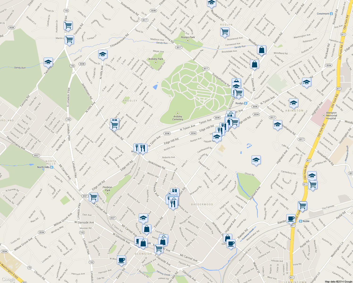 map of restaurants, bars, coffee shops, grocery stores, and more near 687 Edge Hill Road in Glenside