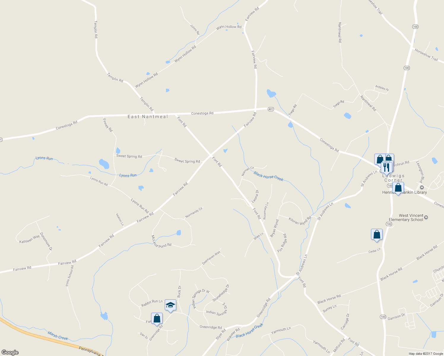 map of restaurants, bars, coffee shops, grocery stores, and more near 965 Font Road in Glenmoore