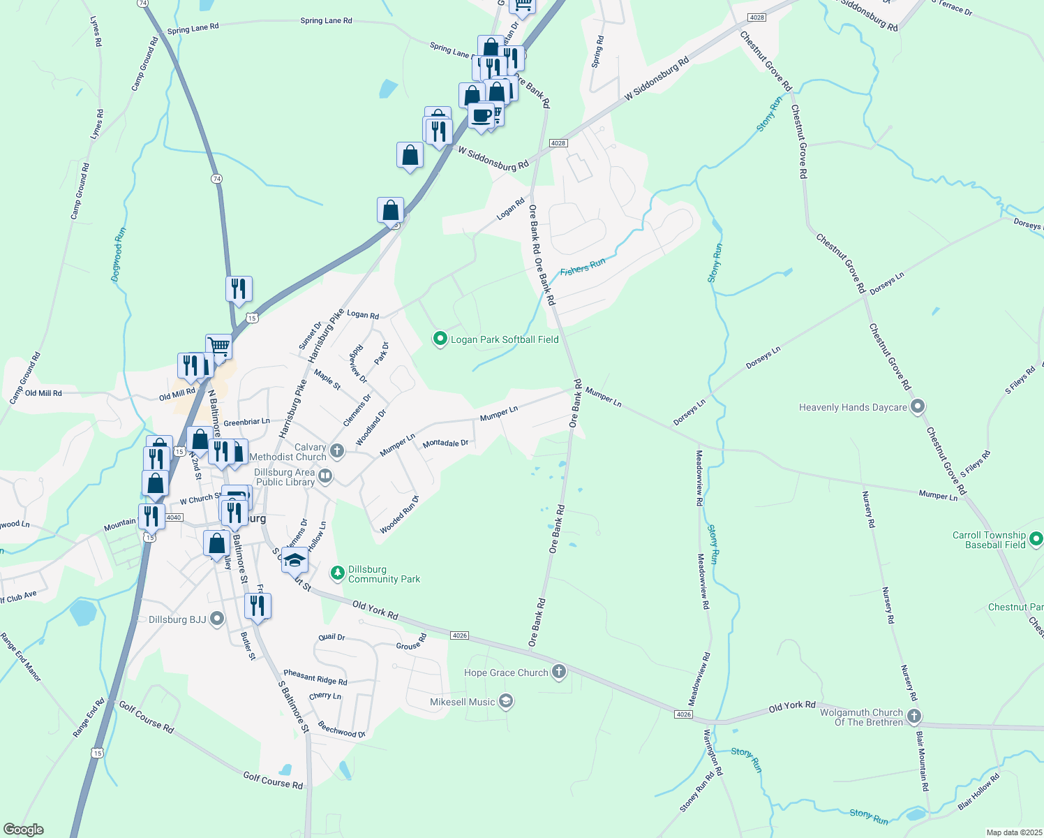 map of restaurants, bars, coffee shops, grocery stores, and more near 416 Mumper Lane in Dillsburg