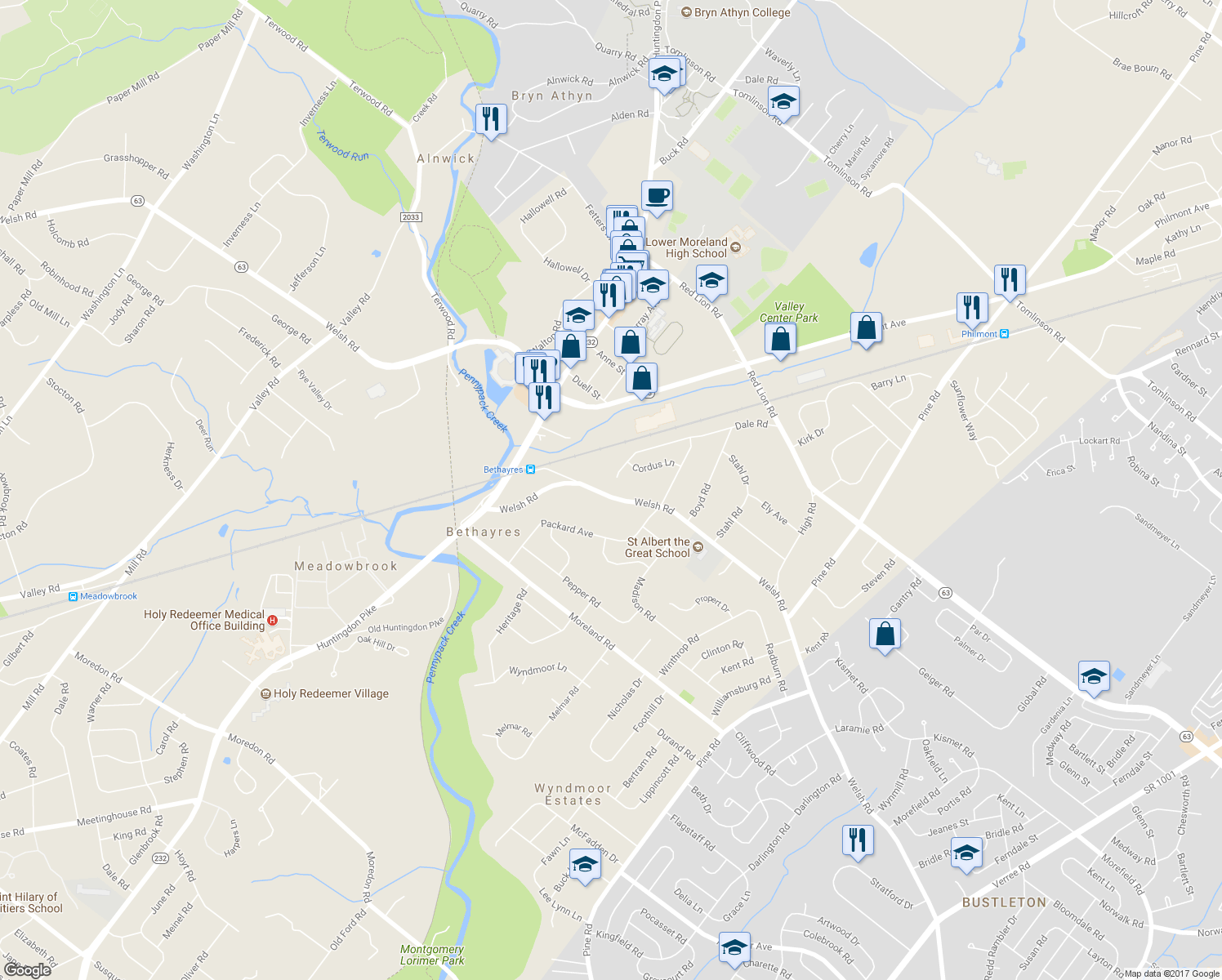 map of restaurants, bars, coffee shops, grocery stores, and more near 421 Welsh Road in Montgomery County