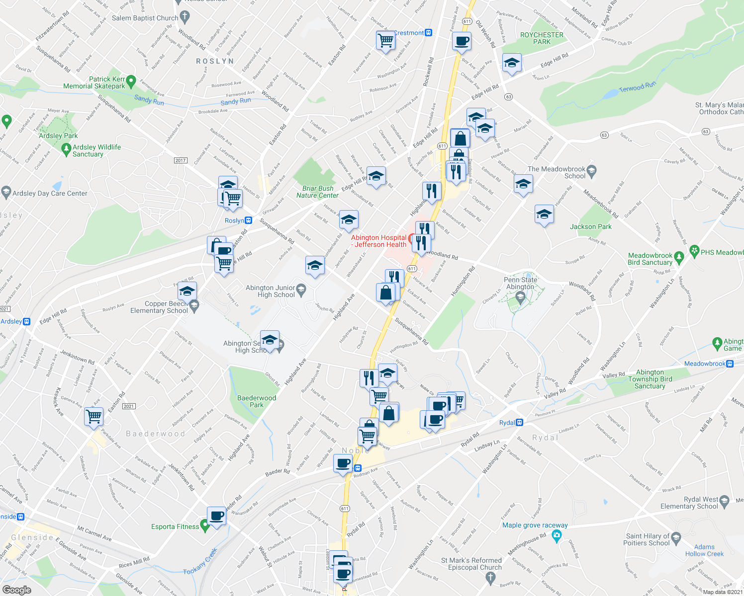 map of restaurants, bars, coffee shops, grocery stores, and more near 1945 Susquehanna Road in Abington