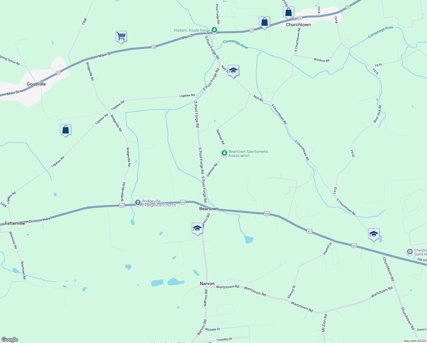 map of restaurants, bars, coffee shops, grocery stores, and more near 317 Gehman Road in Narvon