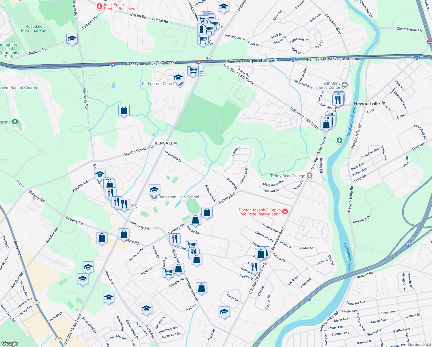 map of restaurants, bars, coffee shops, grocery stores, and more near 1610 Horace Court in Bensalem