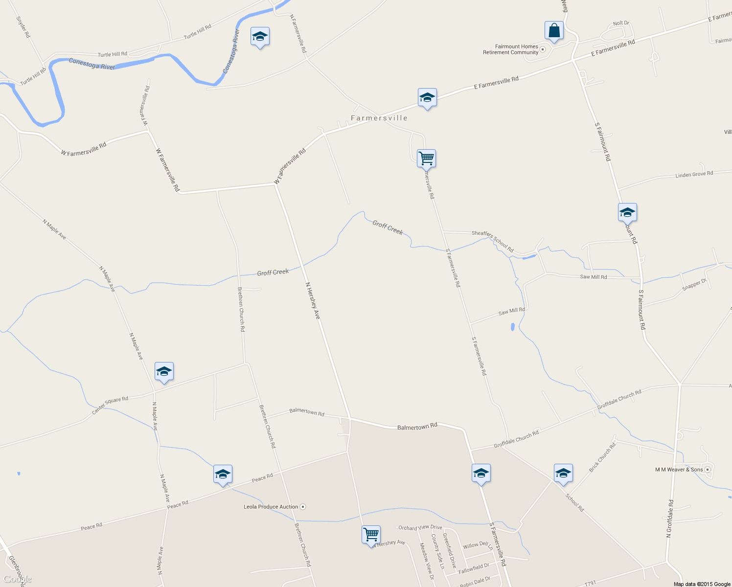 map of restaurants, bars, coffee shops, grocery stores, and more near 332 South Farmersville Road in Ephrata