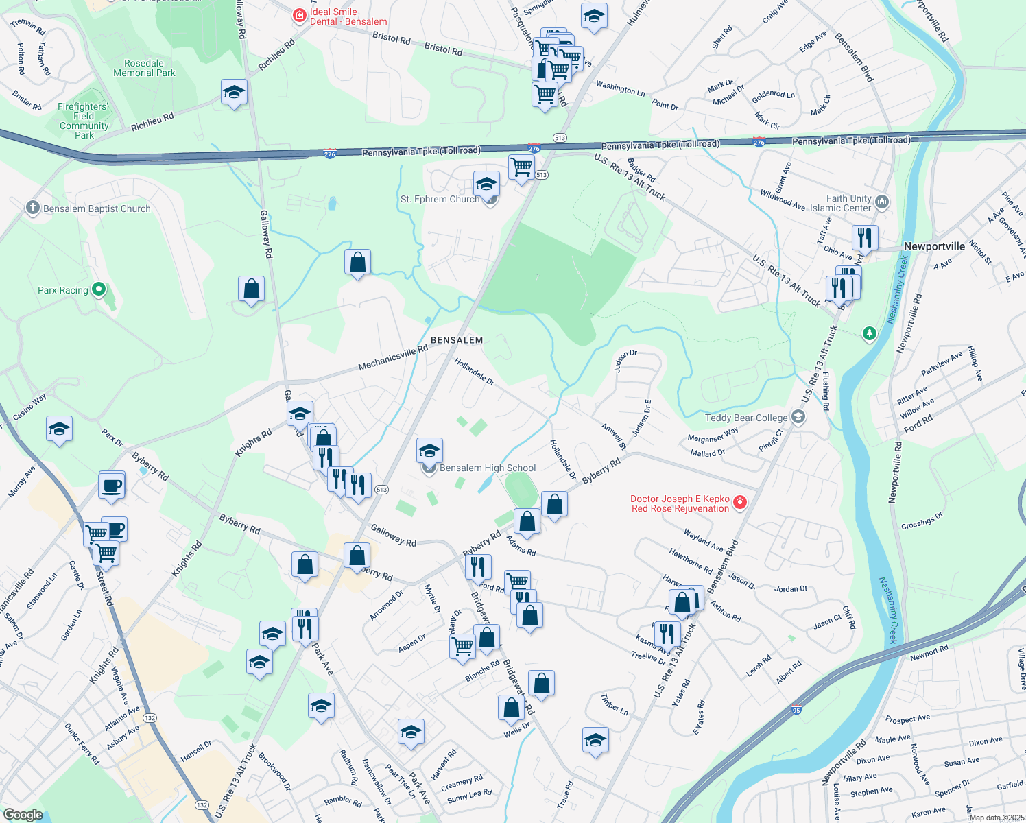 map of restaurants, bars, coffee shops, grocery stores, and more near 4759 Lanfair Place in Bensalem