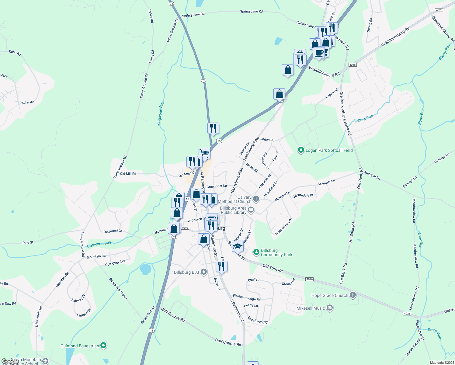 map of restaurants, bars, coffee shops, grocery stores, and more near 31 Greenbriar Lane in Dillsburg