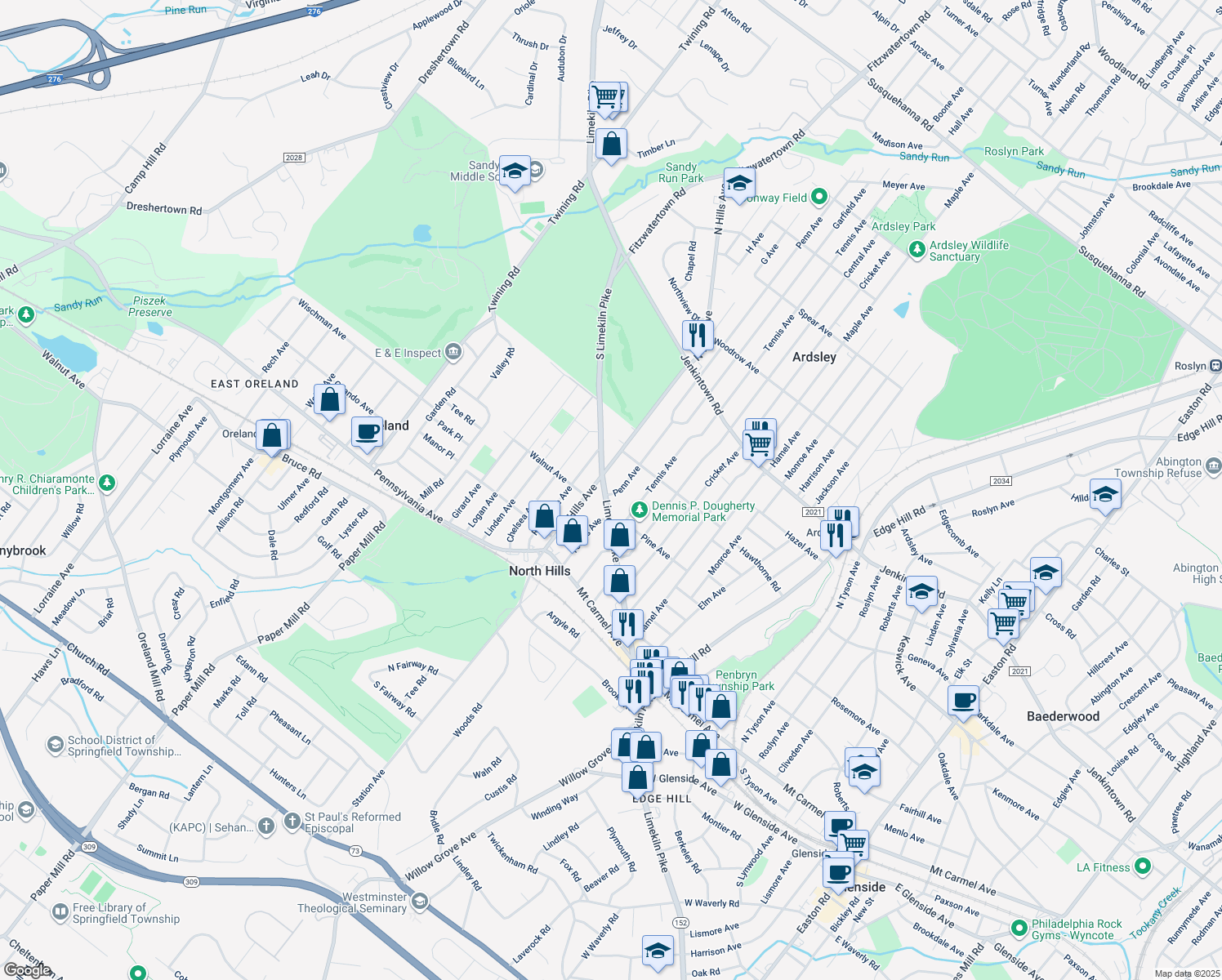 map of restaurants, bars, coffee shops, grocery stores, and more near 3001 Limekiln Pike in Glenside