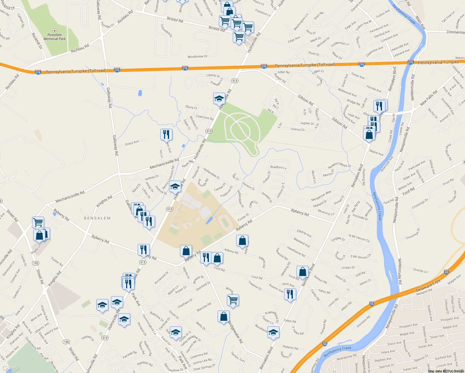map of restaurants, bars, coffee shops, grocery stores, and more near 1789 Hollandale Drive in Bensalem