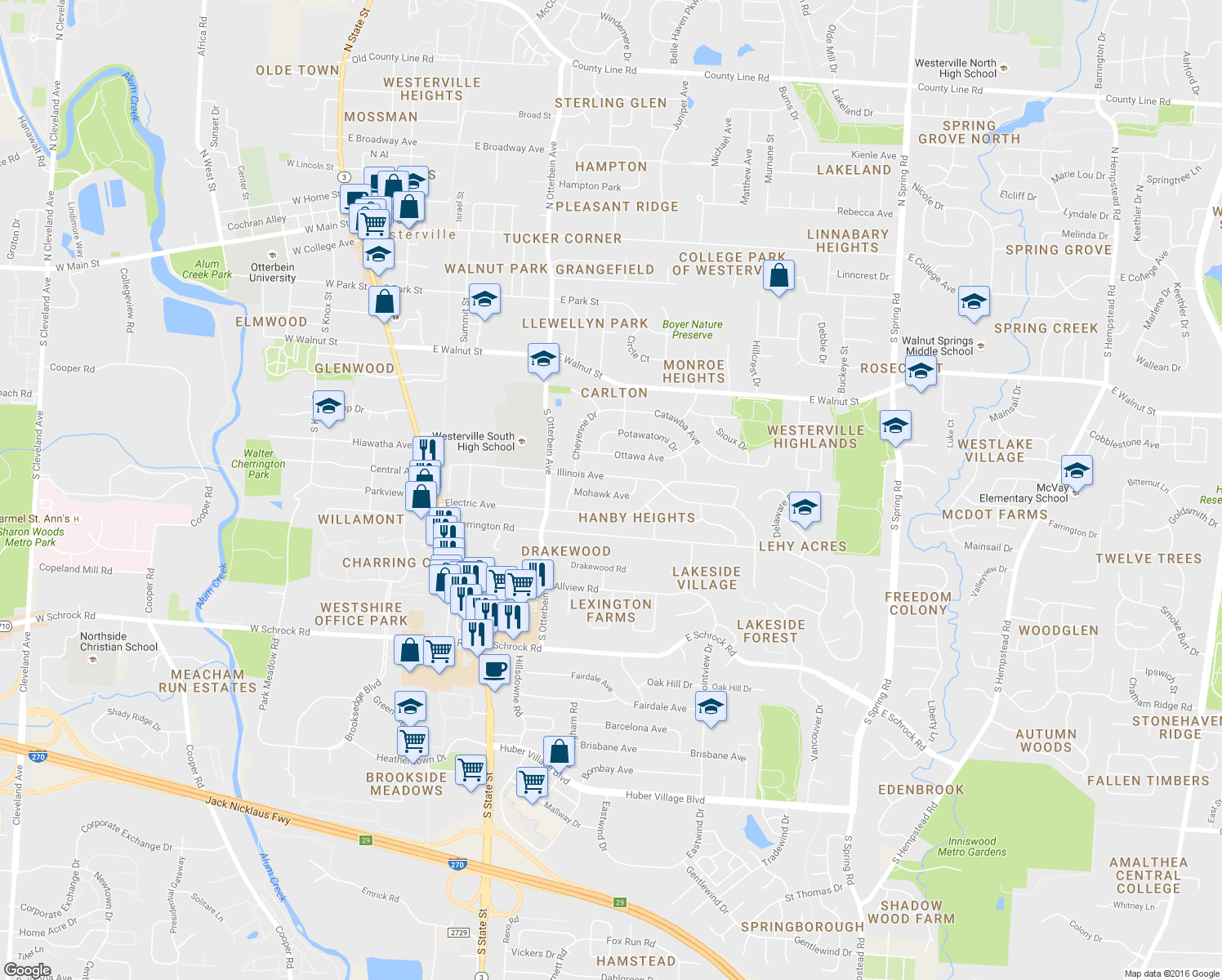 map of restaurants, bars, coffee shops, grocery stores, and more near 262 Mohawk Ave in Westerville