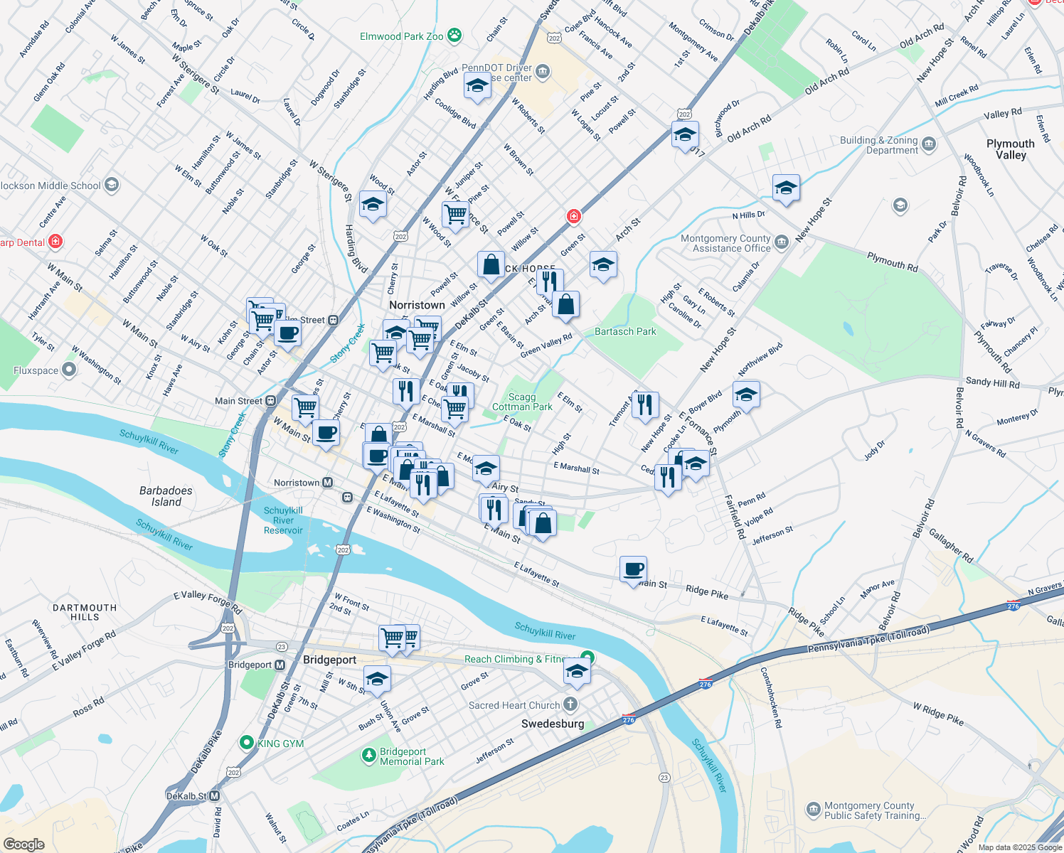 map of restaurants, bars, coffee shops, grocery stores, and more near 805 Violet Street in Norristown
