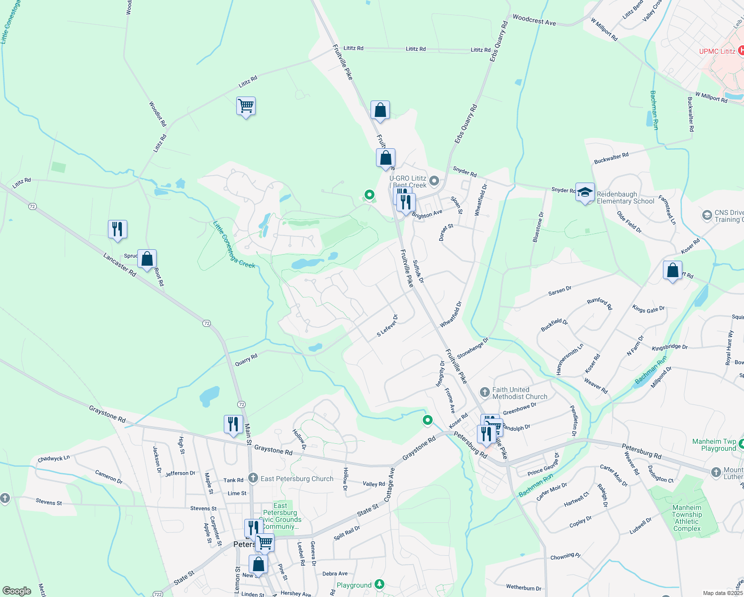 map of restaurants, bars, coffee shops, grocery stores, and more near 1130 N Lefever Dr in Lititz