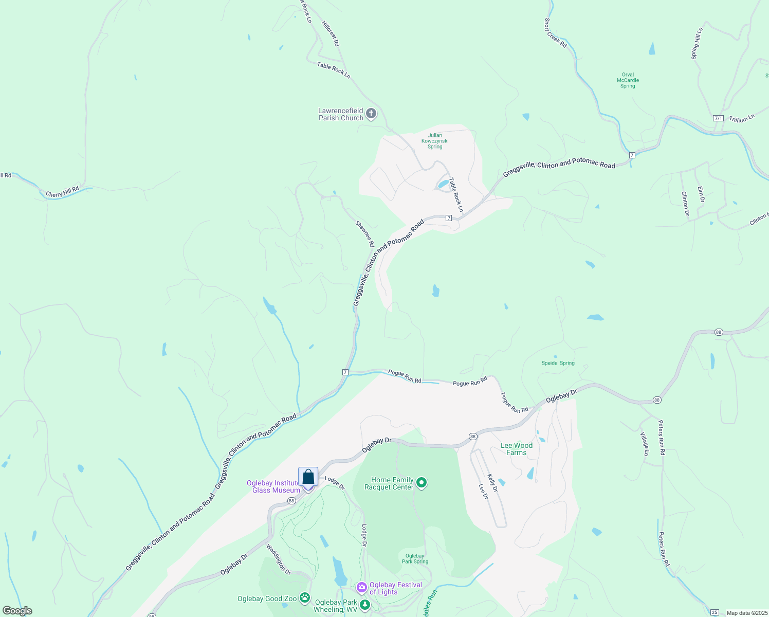 map of restaurants, bars, coffee shops, grocery stores, and more near 137 Mount Saint Joseph Road in Wheeling