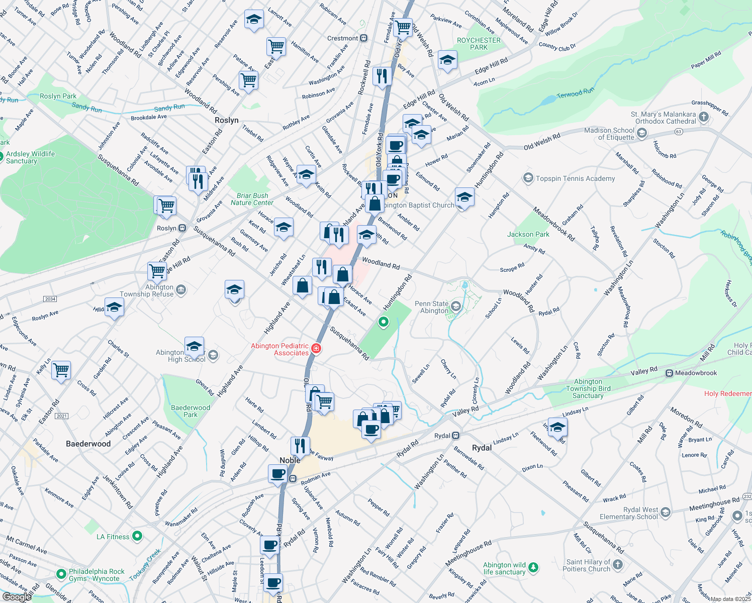 map of restaurants, bars, coffee shops, grocery stores, and more near 1823 Horace Avenue in Abington