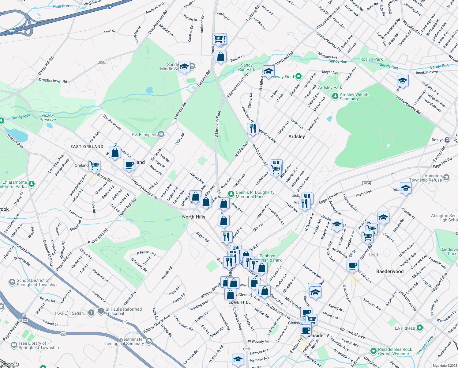 map of restaurants, bars, coffee shops, grocery stores, and more near 335 Penn Ave in Glenside