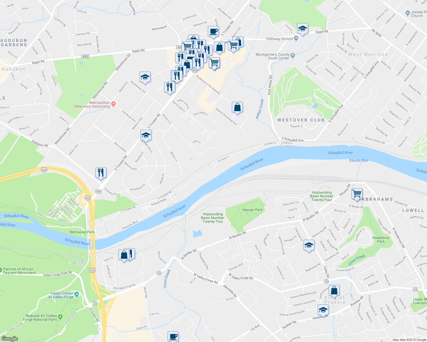 map of restaurants, bars, coffee shops, grocery stores, and more near 60 West Indian Lane in Eagleville
