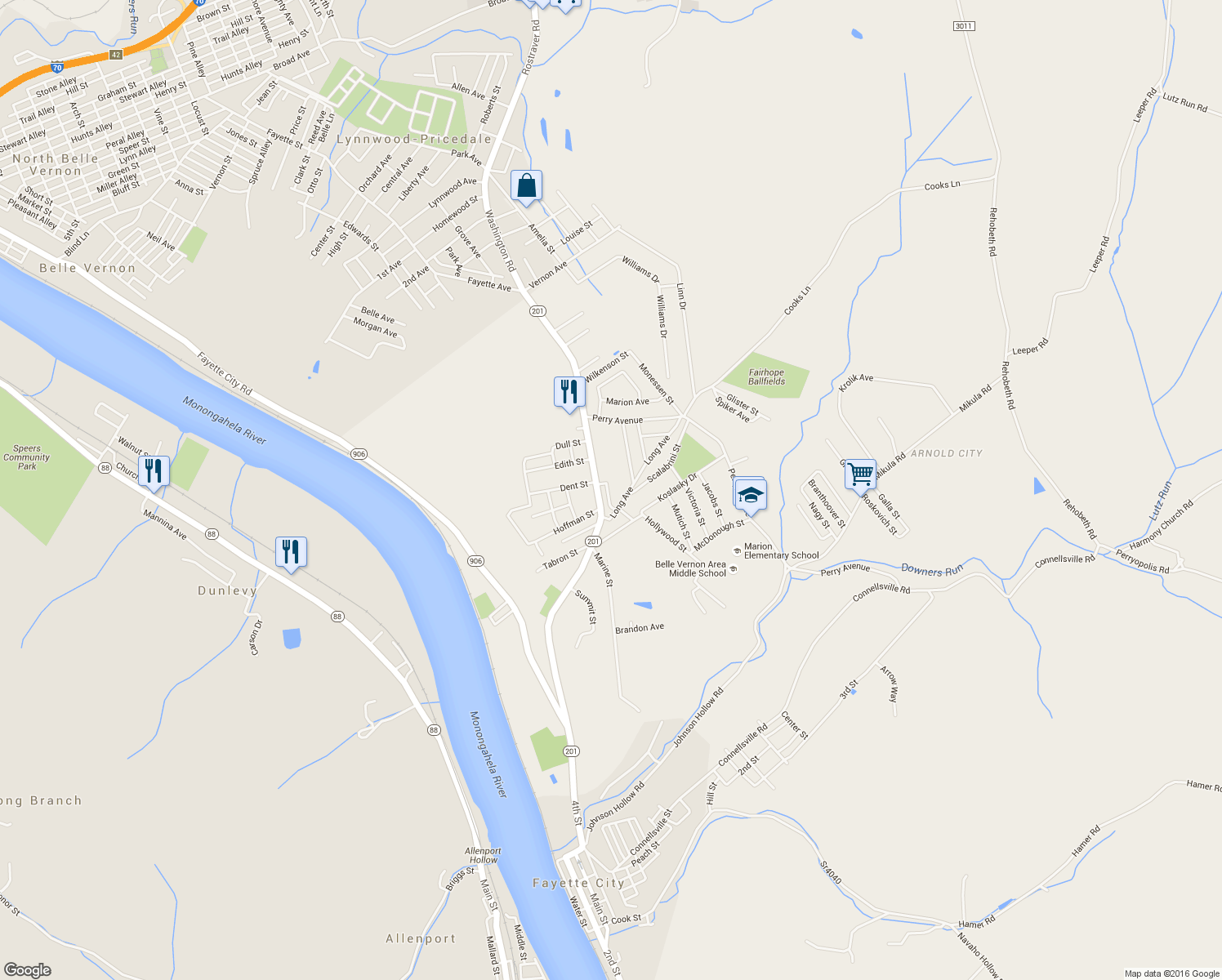 map of restaurants, bars, coffee shops, grocery stores, and more near 1345 Krett Way in Belle Vernon