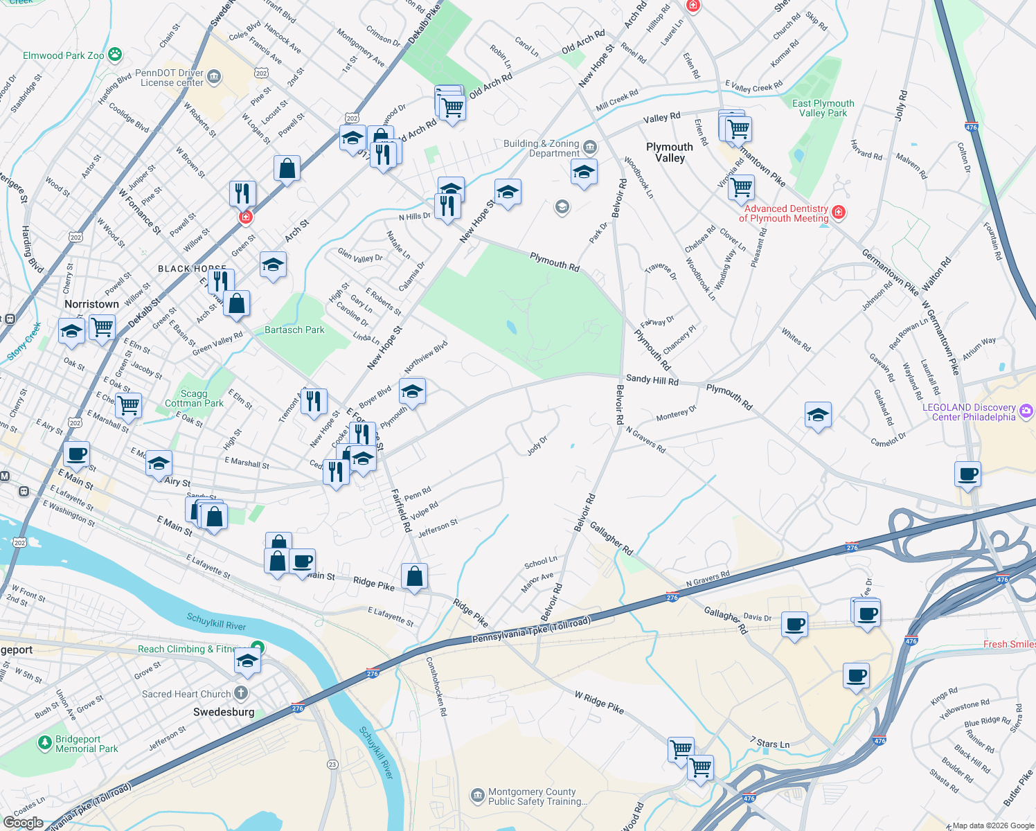 map of restaurants, bars, coffee shops, grocery stores, and more near 7 Louella Drive in Plymouth Meeting