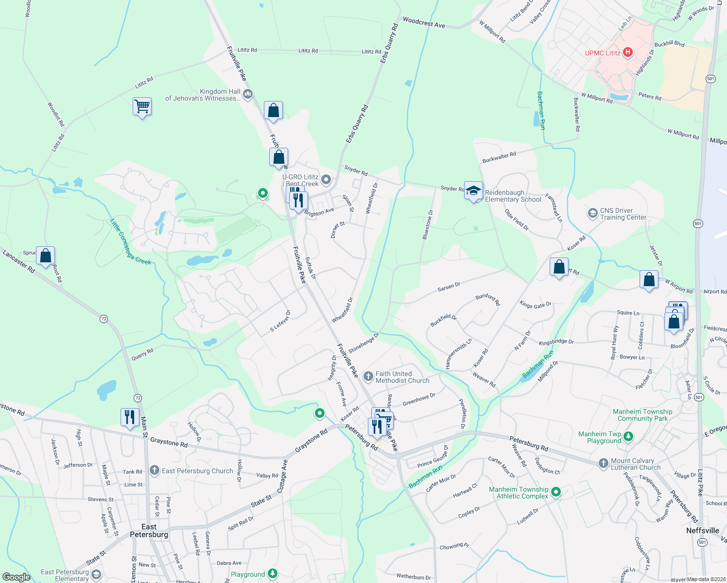 map of restaurants, bars, coffee shops, grocery stores, and more near 536 Wheatfield Drive in Lititz