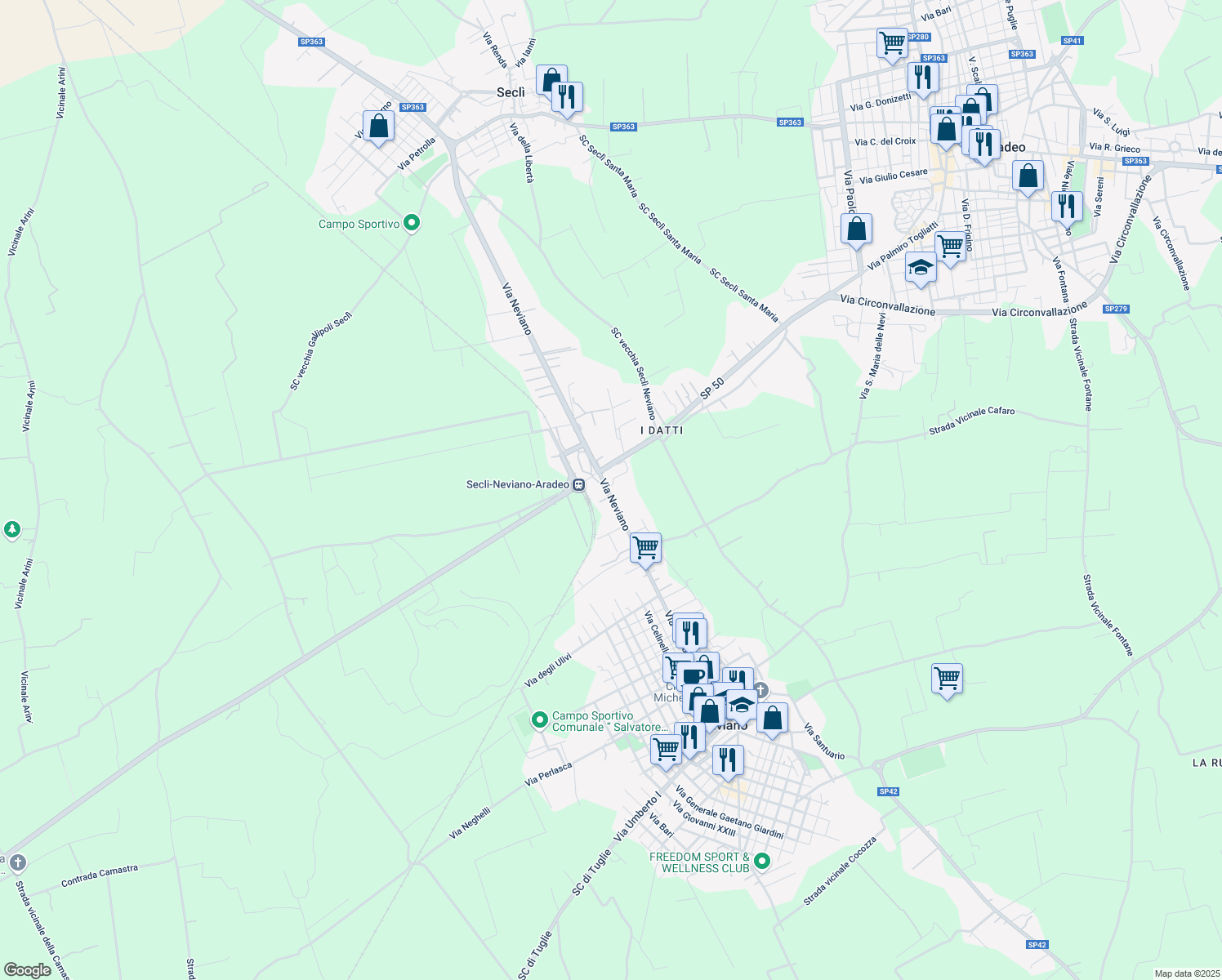 map of restaurants, bars, coffee shops, grocery stores, and more near 50 Via Neviano in Seclì