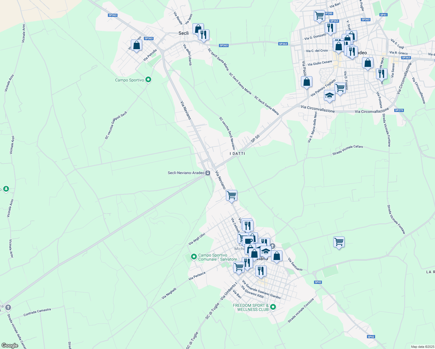 map of restaurants, bars, coffee shops, grocery stores, and more near 50 Via Neviano in Seclì