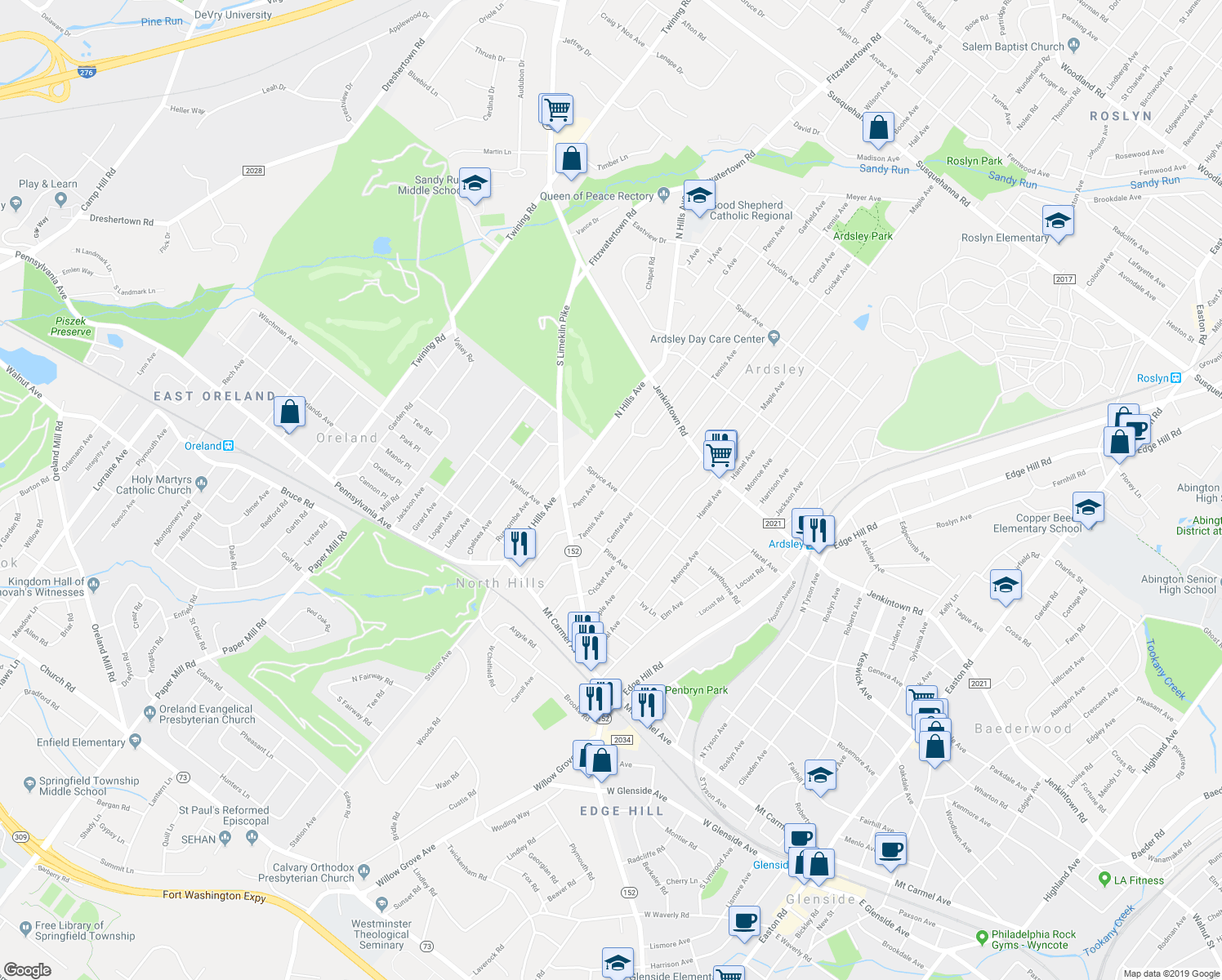 map of restaurants, bars, coffee shops, grocery stores, and more near 360 Tennis Avenue in Glenside