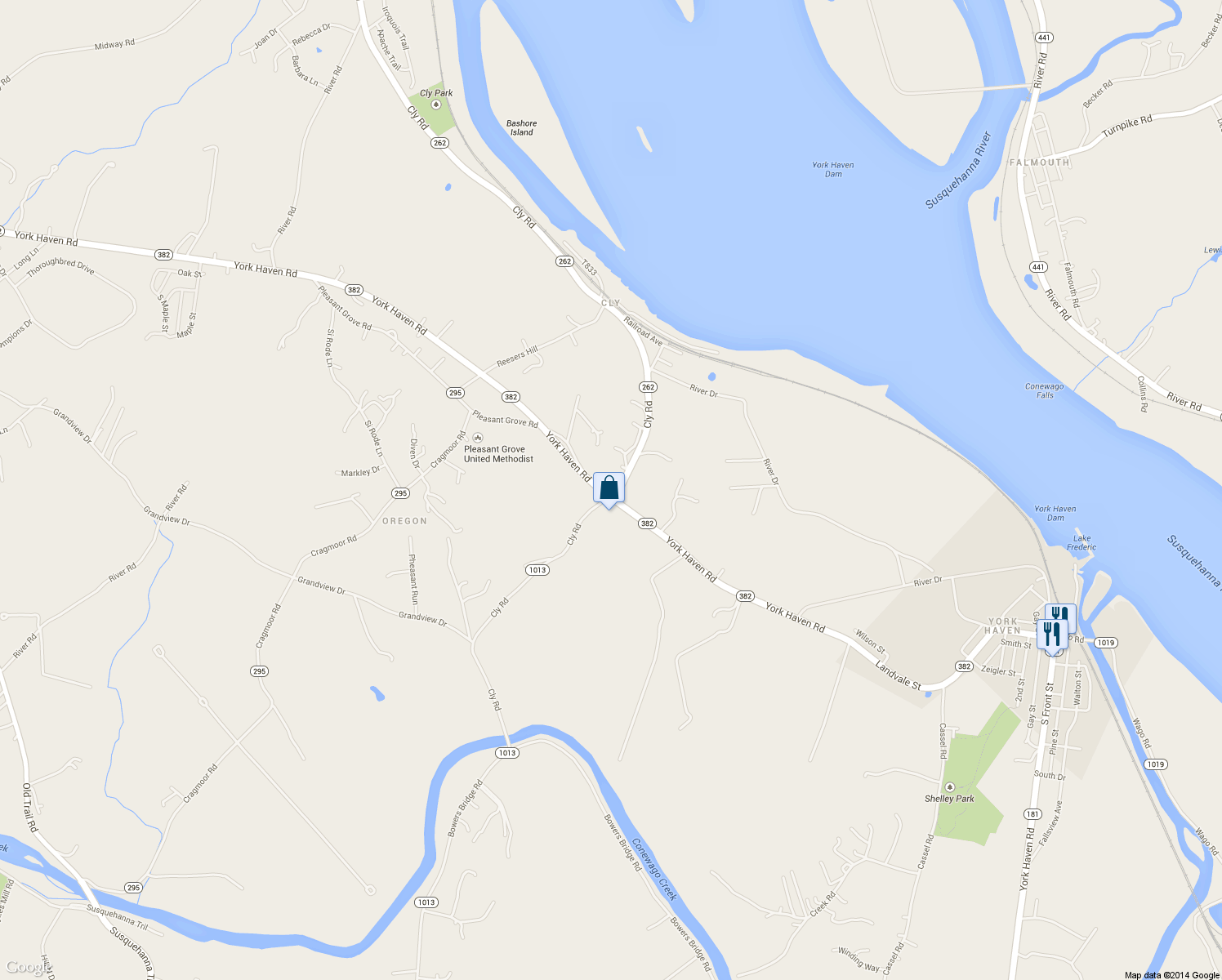 map of restaurants, bars, coffee shops, grocery stores, and more near 1495 Cly Road in York Haven